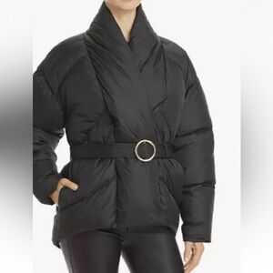 Frame Denim Black Wrap Shawl Collar Belted Puffer Jacket Coat